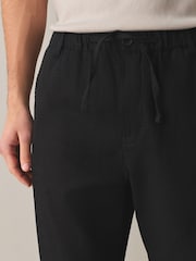 Black Regular Tapered Fit Linen Rich Blend Textured Trousers With Elasticated Waist - Image 6 of 9