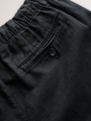 Black Regular Tapered Fit Linen Rich Blend Textured Trousers With Elasticated Waist - Image 9 of 9