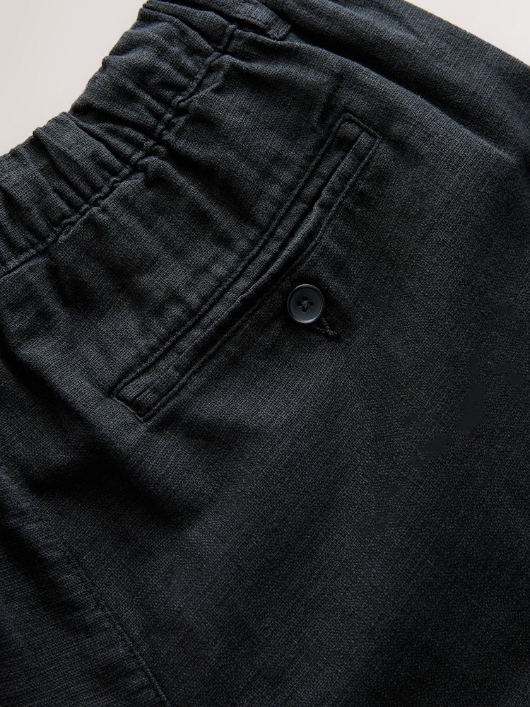Black Regular Tapered Fit Linen Rich Blend Textured Trousers With Elasticated Waist - Image 9 of 9