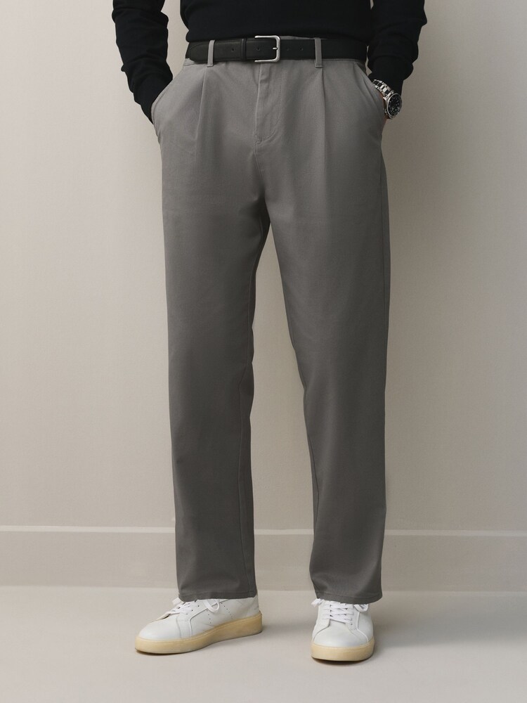 Light Grey Regular Tapered Fit Single Pleat Chino Trousers With Belt - Image 1 of 11