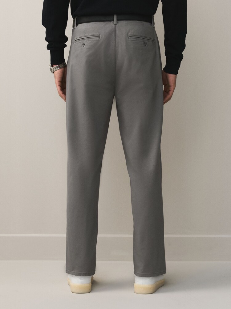 Light Grey Regular Tapered Fit Single Pleat Chino Trousers With Belt - Image 2 of 11