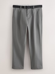 Light Grey Regular Tapered Fit Single Pleat Chino Trousers With Belt - Image 7 of 11