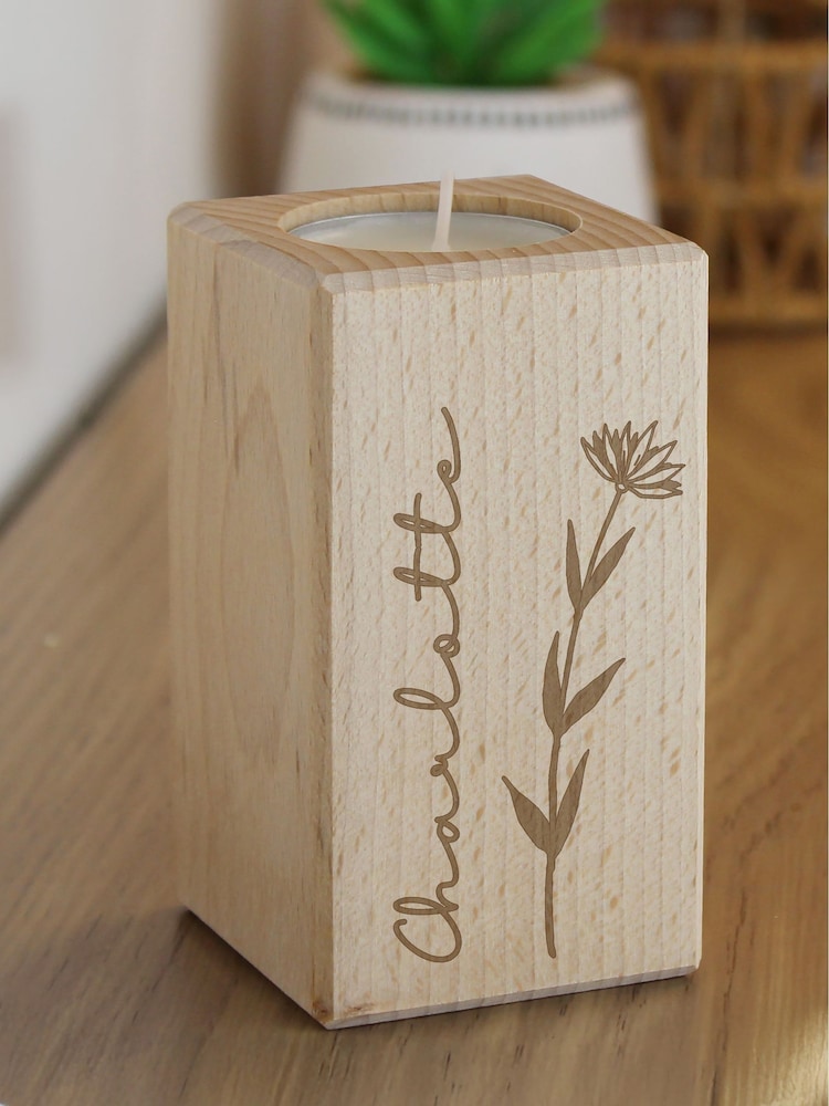 Personalised Floral Wooden Tealight Holder by PMC - Image 1 of 3