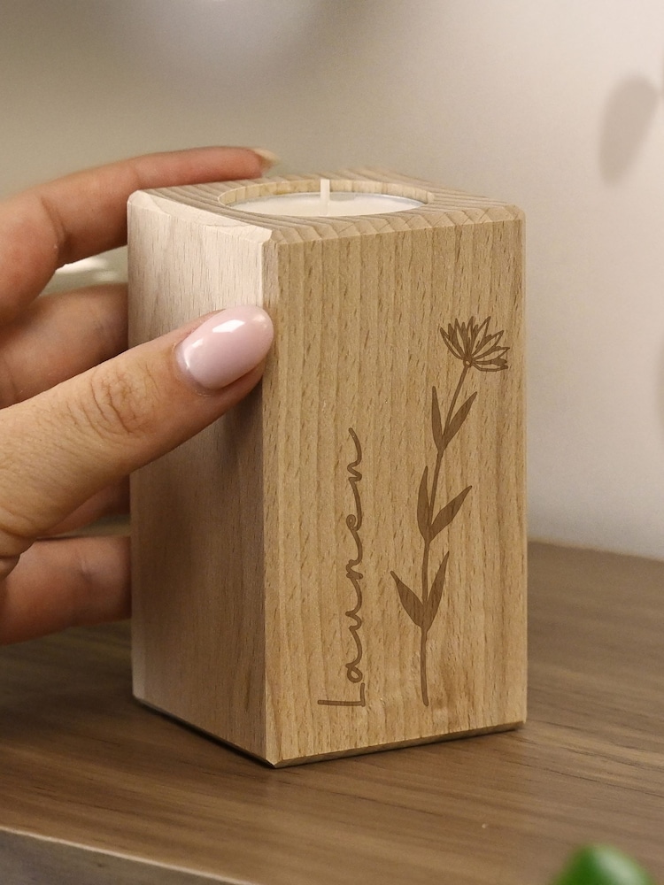 Personalised Floral Wooden Tealight Holder by PMC - Image 2 of 3