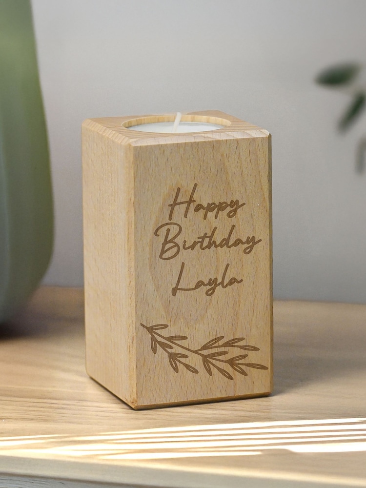 Personalised Botanical Wooden Tealight Holder by PMC - Image 1 of 3
