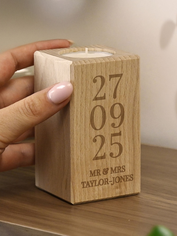 Personalised Anniversary Date Wooden Tealight Holder by PMC - Image 2 of 3