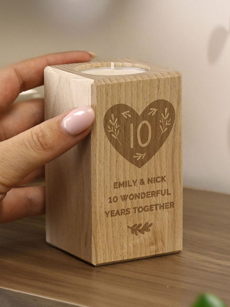Personalised Anniversary Wooden Tealight Holder by PMC - Image 2 of 3