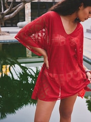 Red Lace V-Neck Poncho - Image 3 of 8