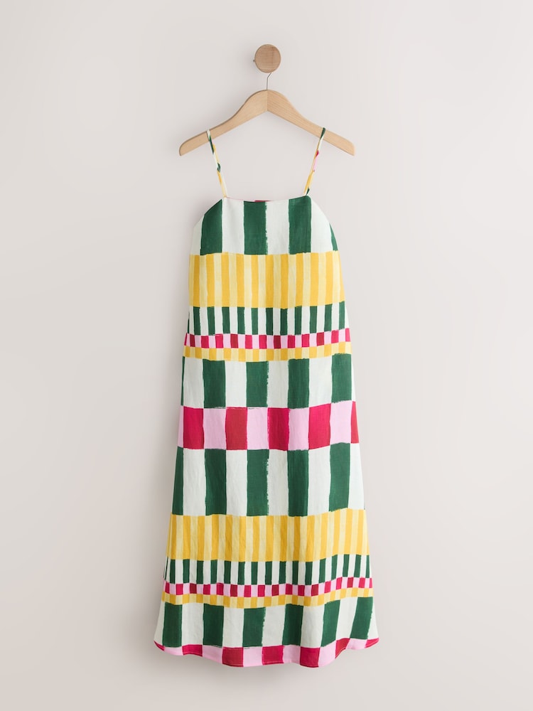 Multi Stripe Linen Rich Square Neck Cami Midi Dress - Image 1 of 3