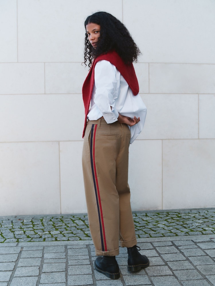 Tan Brown Straight Leg Belted Chinos with Side Stripes - Image 1 of 4