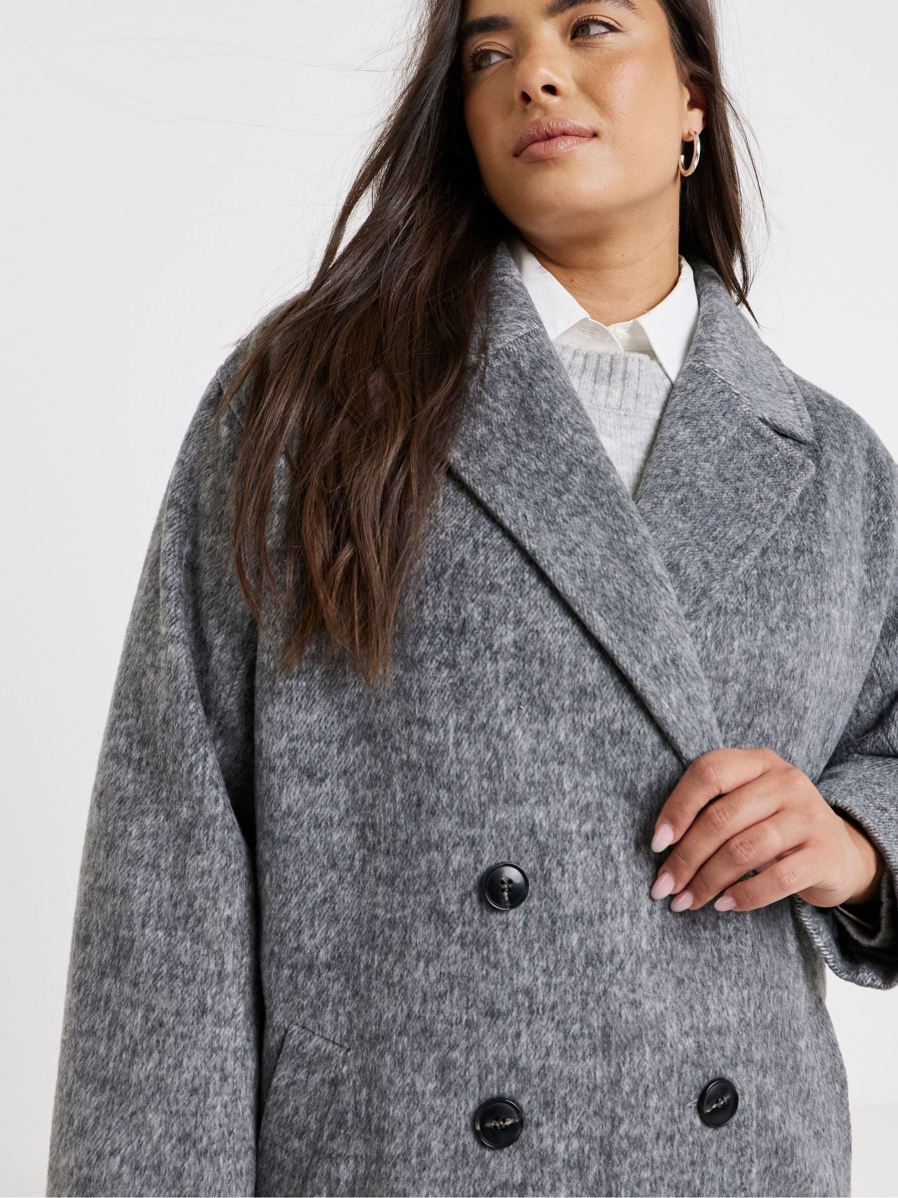 Buy Simply Be Grey Double Breasted Midaxi Brushed Faux Wool Coat