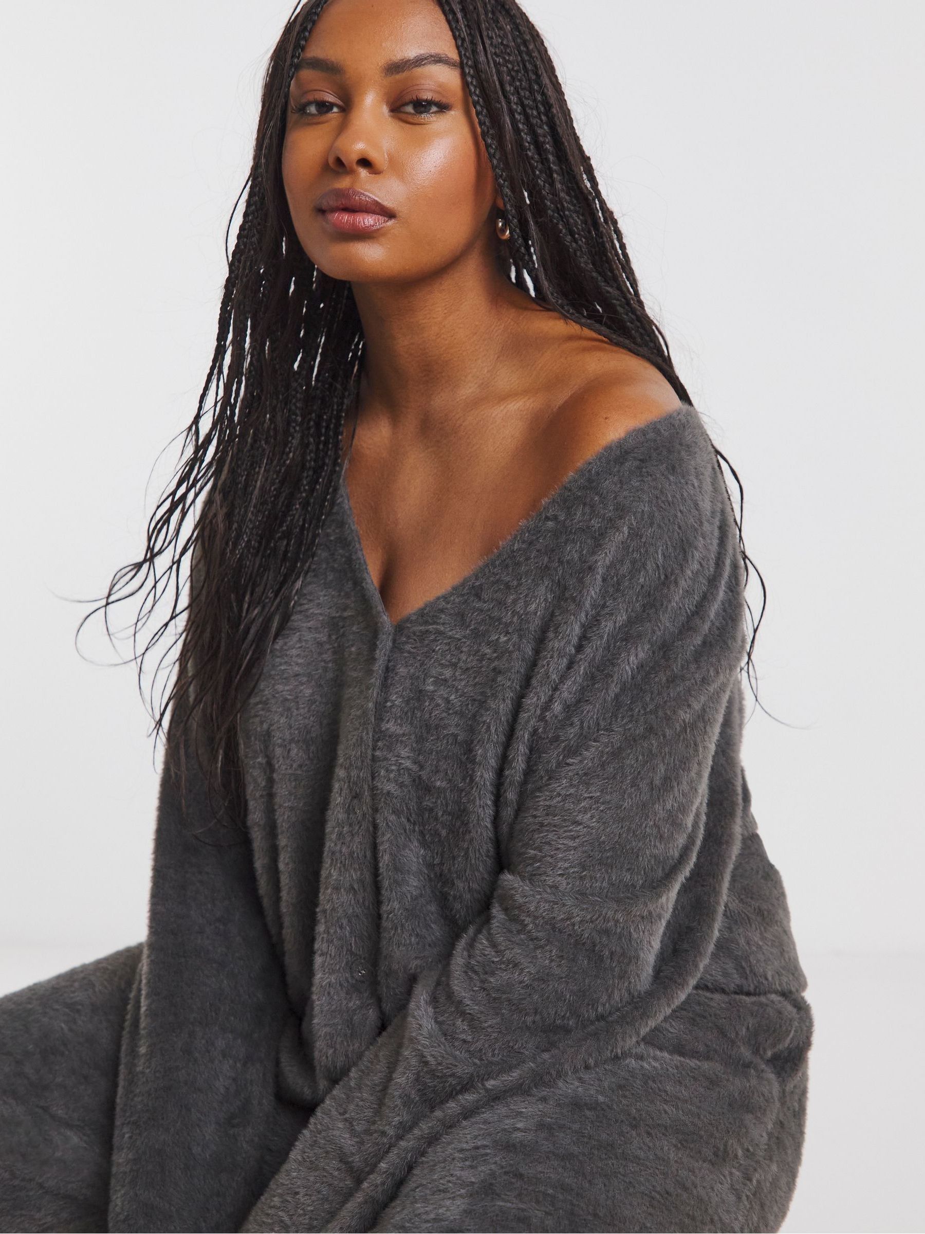 Buy Simply Be Grey Fluffy V-Neck Cardigan from Next USA