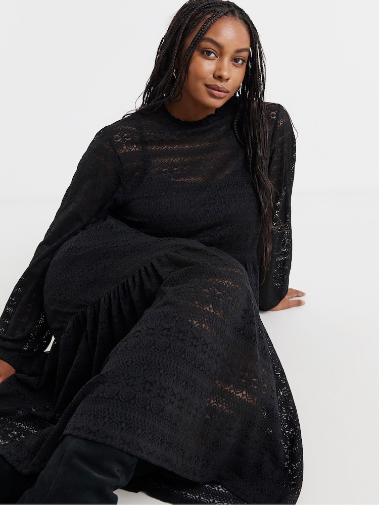 Womens Simply Be Black Tiered Lace Midi Dress US 6