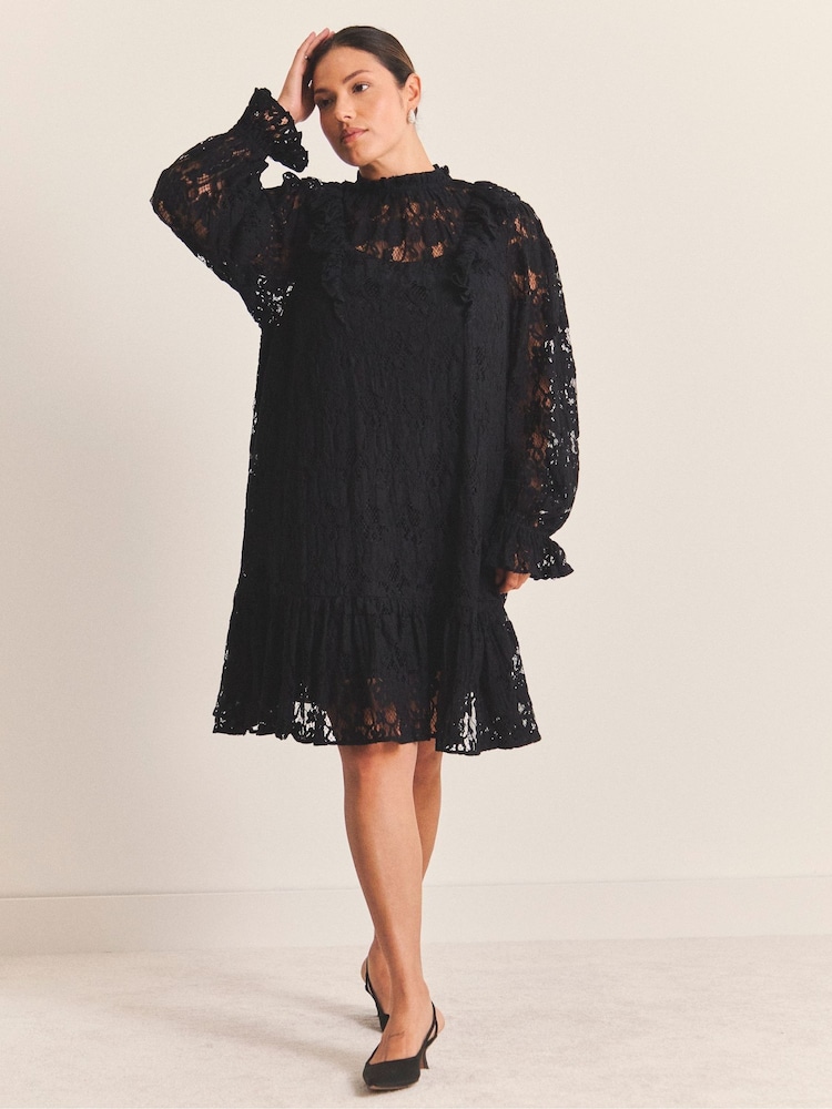 Simply Be Black Lace Ruffle Mini Dress - Image 1 of 4 Simply Be Black Lace Ruffle Mini Dress - Image 1 of 4