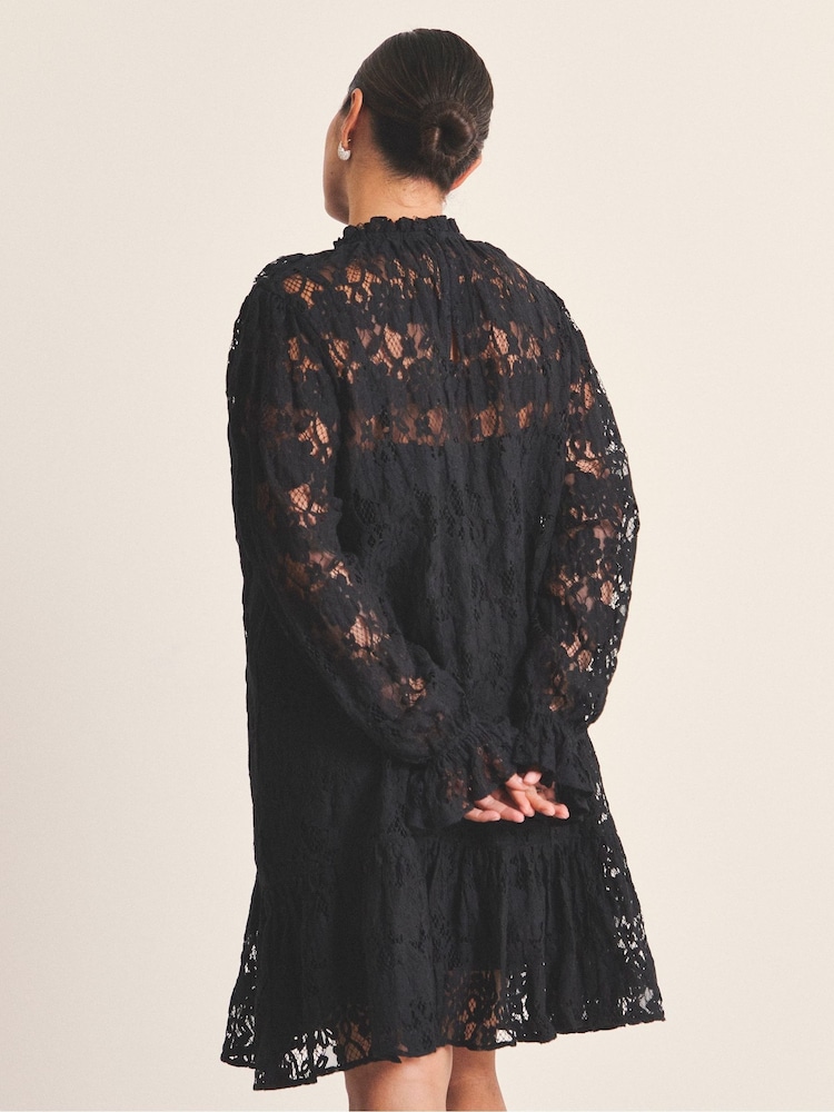 Simply Be Black Lace Ruffle Mini Dress - Image 2 of 4 Simply Be Black Lace Ruffle Mini Dress - Image 2 of 4