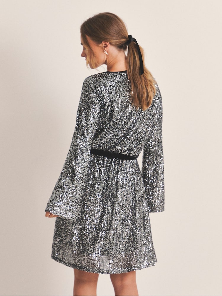 Womens Simply Be Grey Sequin Belted Skater Dress US 20
