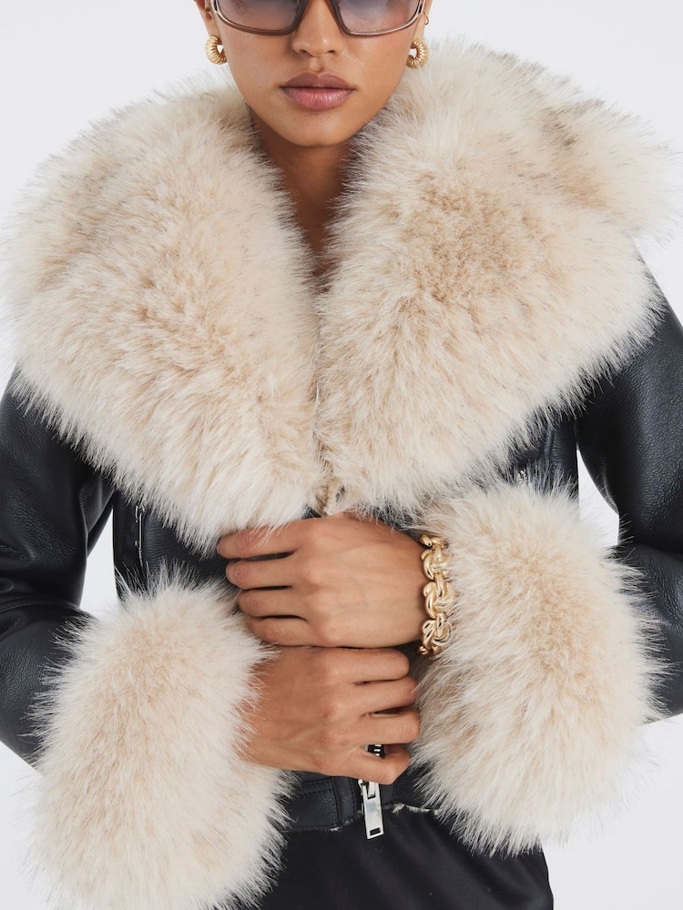 River Island Black Faux Fur Cropped Biker Jacket - Image 4 of 4