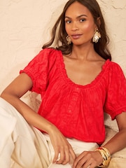 Love & Roses Red Puff Sleeve Embroidered Button Through Top - Image 1 of 4