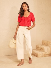 Love & Roses Red Puff Sleeve Embroidered Button Through Top - Image 3 of 4