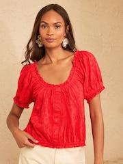 Love & Roses Red Puff Sleeve Embroidered Button Through Top - Image 4 of 4