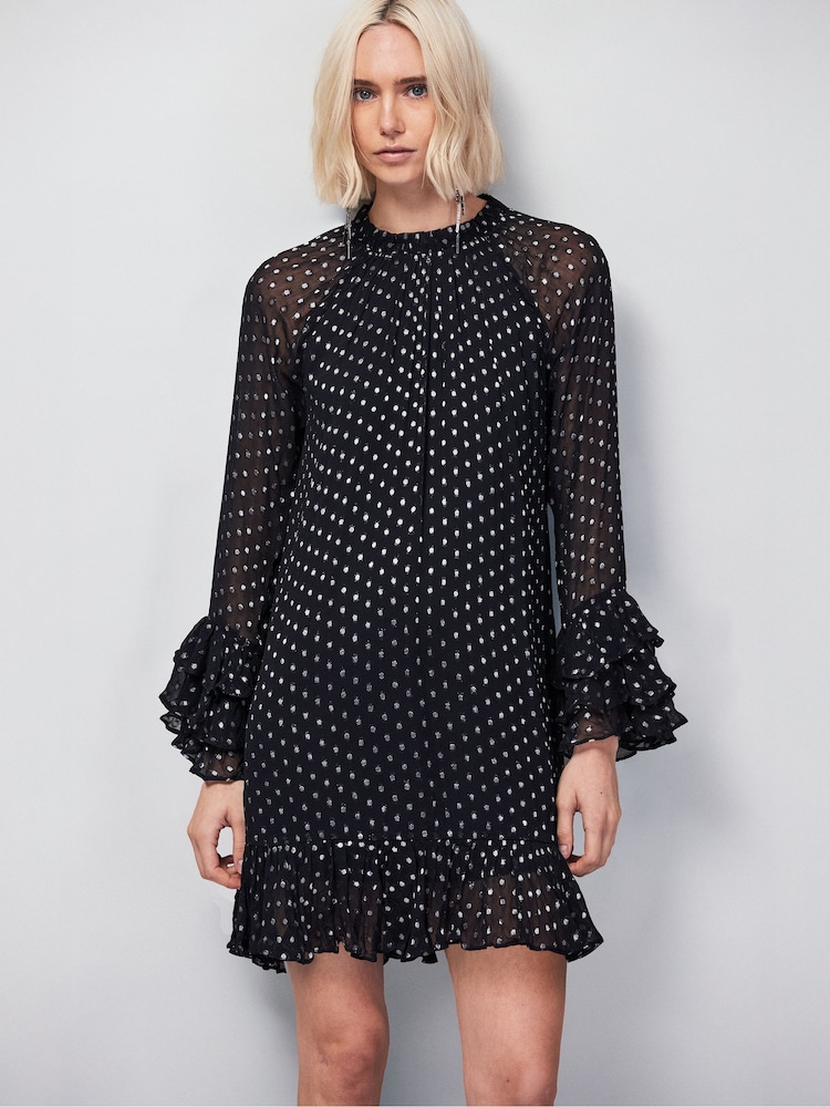 Ro&Zo Silver Beatrix Foil Frill Sleeve Mini Dress - Image 1 of 4 Ro&Zo Silver Beatrix Foil Frill Sleeve Mini Dress - Image 1 of 4