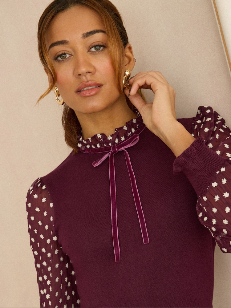 Love & Roses Burgundy Red Frill Neck Chiffon Sleeve Knitted Mini Dress - Image 2 of 4 Love & Roses Burgundy Red Frill Neck Chiffon Sleeve Knitted Mini Dress - Image 2 of 4