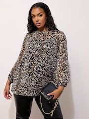 Yours Curve Natural London Leopard Print Metallic Chiffon Blouse - Image 1 of 4