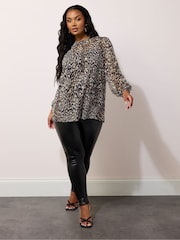 Yours Curve Natural London Leopard Print Metallic Chiffon Blouse - Image 2 of 4