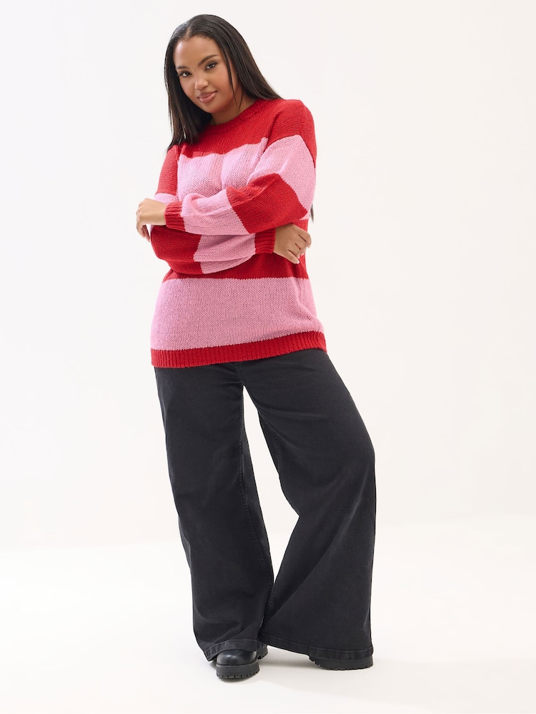 Yours Curve Red Lofty Yarn Stripe Jumper - Image 2 of 5 Yours Curve Red Lofty Yarn Stripe Jumper - Image 2 of 5