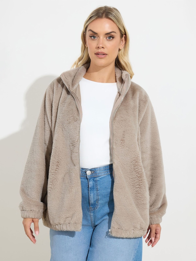 Yours Curve Natural Faux Fur Funnel Neck Zip Thru Jacket - Image 1 of 5 Yours Curve Natural Faux Fur Funnel Neck Zip Thru Jacket - Image 1 of 5