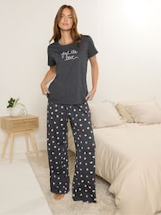 M&Co Grey Feel The Love Short Sleeve Wide Leg Pyjamas Set - Image 2 of 6