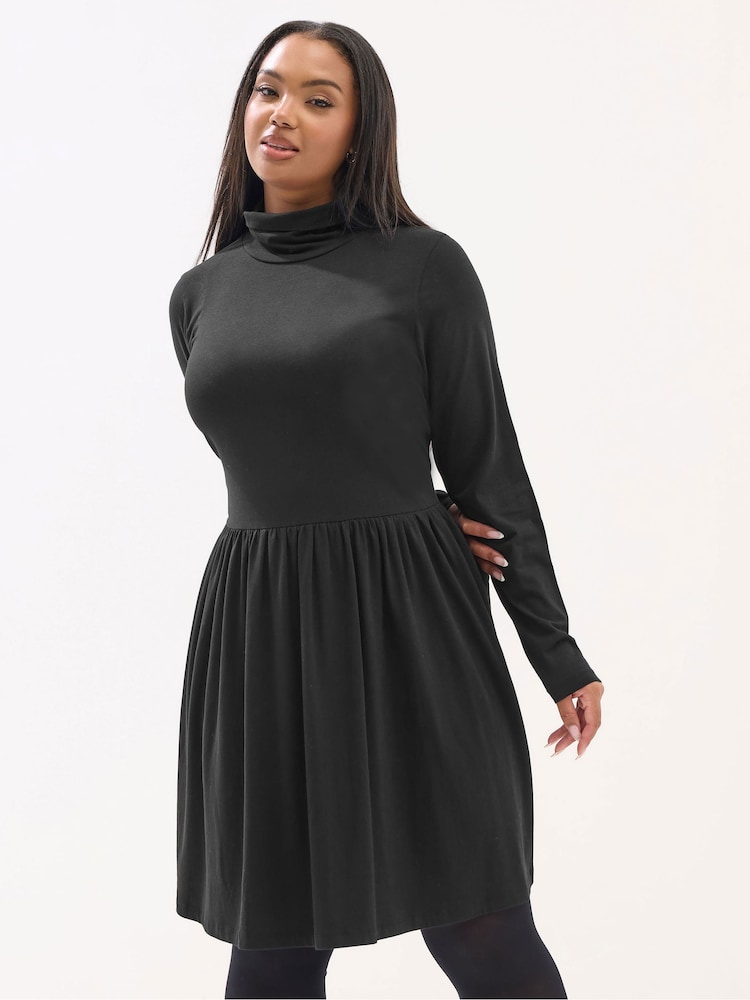 Yours Curve Black Turtle Neck Peplum Dress - Image 1 of 5 Yours Curve Black Turtle Neck Peplum Dress - Image 1 of 5