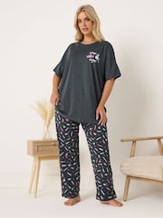 Yours Curve Grey Short Sleeve Wide Leg Pyjamas Set - Image 1 of 5