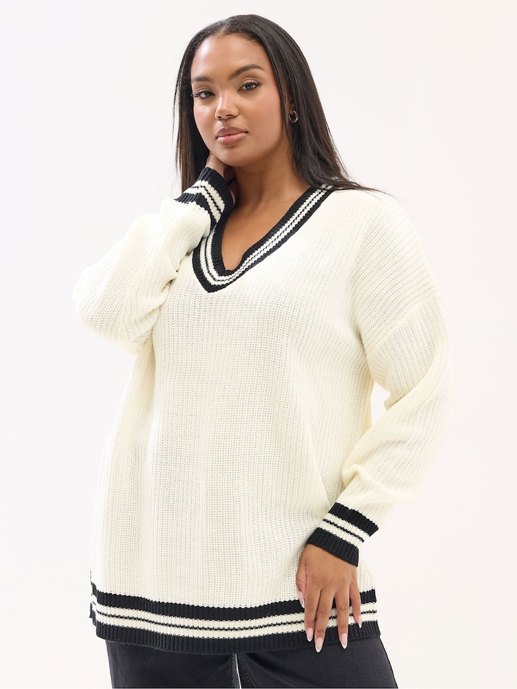 Yours Curve White Tennis V-Neck Front Jumper - Image 1 of 5 Yours Curve White Tennis V-Neck Front Jumper - Image 1 of 5