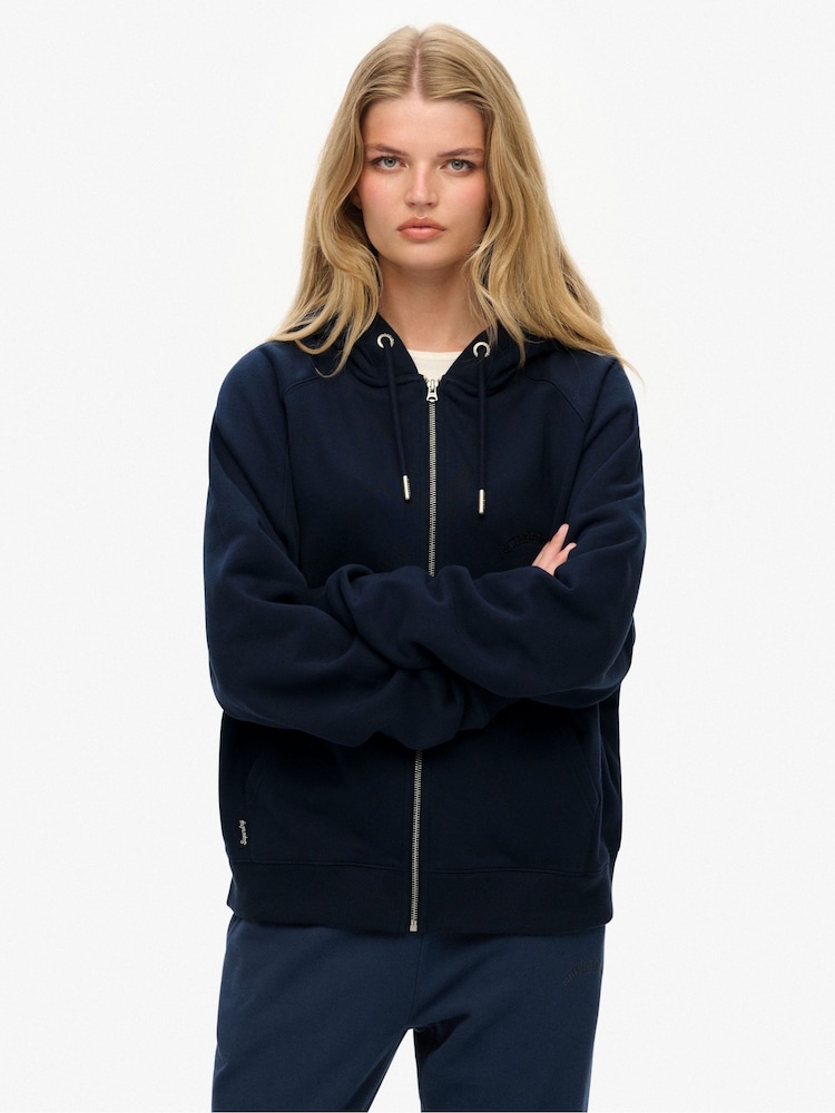 Superdry Blue Essential Logo Raglan Zip Hoodie - Image 1 of 7 Superdry Blue Essential Logo Raglan Zip Hoodie - Image 1 of 7