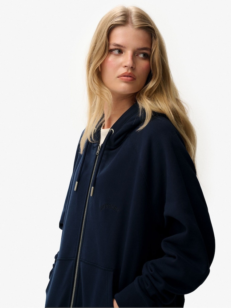 Superdry Blue Essential Logo Raglan Zip Hoodie - Image 2 of 7 Superdry Blue Essential Logo Raglan Zip Hoodie - Image 2 of 7