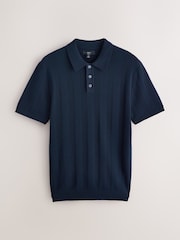 Navy Blue Slim Fit Cotton Rich Pointelle Knit Polo Shirt - Image 1 of 3