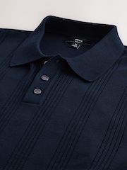 Navy Blue Slim Fit Cotton Rich Pointelle Knit Polo Shirt - Image 2 of 3