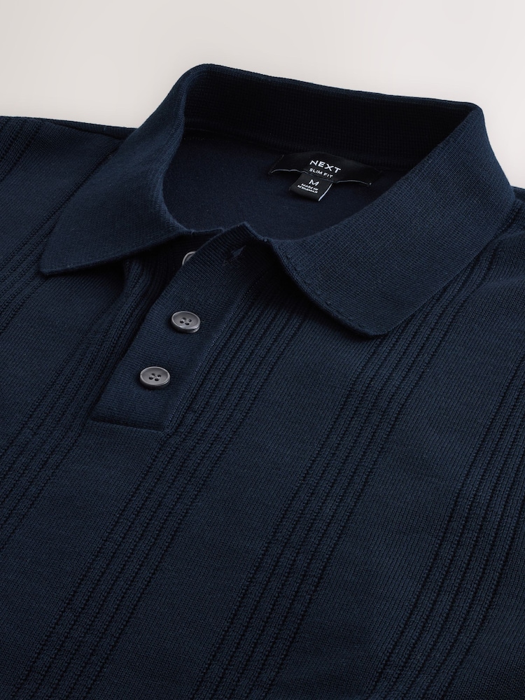 Navy Blue Slim Fit Cotton Rich Pointelle Knit Polo Shirt - Image 2 of 3