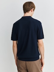 Navy Blue Slim Fit Cotton Rich Pointelle Knit Polo Shirt - Image 4 of 7