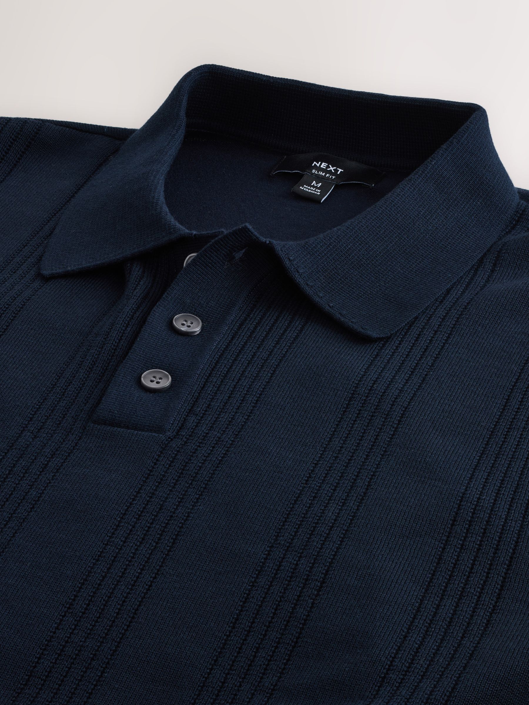 Buy Navy Blue Slim Fit Cotton Rich Pointelle Knit Polo Shirt from