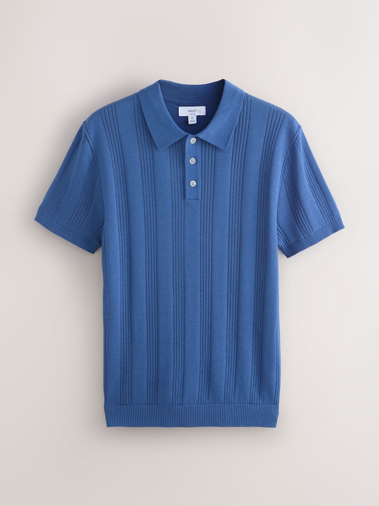 Blue Slim Fit Cotton Rich Pointelle Knit Polo Shirt - Image 1 of 3