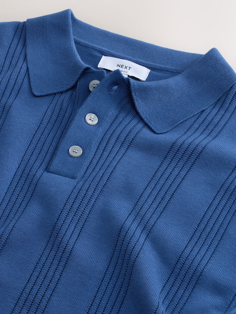 Blue Slim Fit Cotton Rich Pointelle Knit Polo Shirt - Image 2 of 3