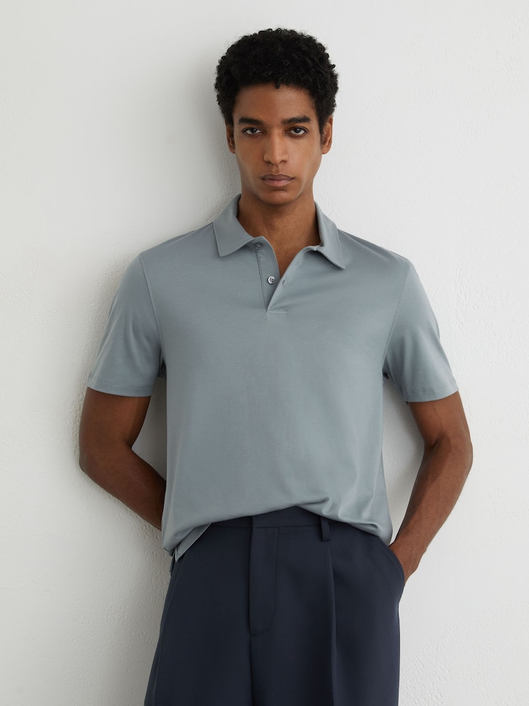 Reiss Steel Blue Earl Air-Water Cotton Polo Shirt - Image 1 of 6