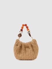 Reiss Natural Erin Raffia-Effect Beaded-Handle Pouch Bag - Image 1 of 5
