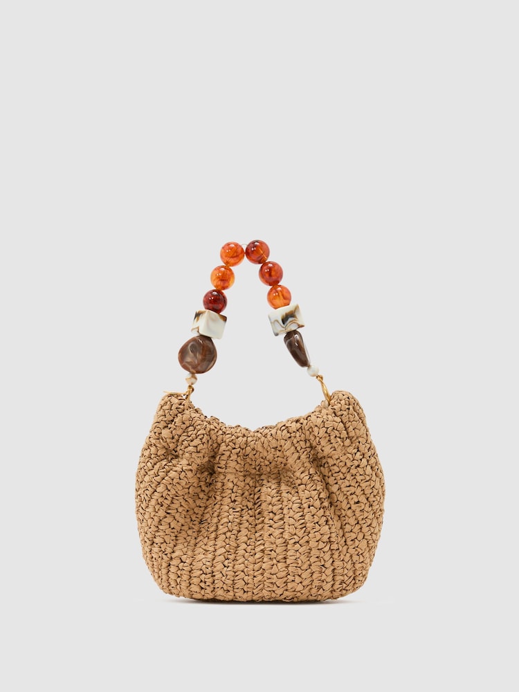 Reiss Natural Erin Raffia-Effect Beaded-Handle Pouch Bag - Image 1 of 5