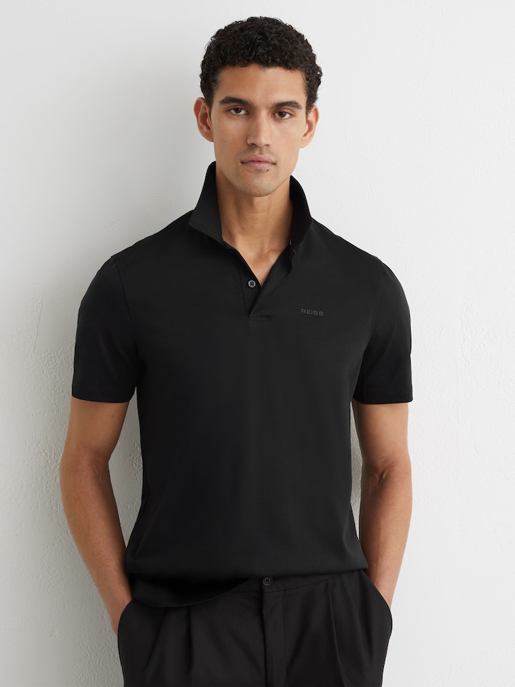 Reiss Black Tello Airwater-Cotton Logo Polo Shirt - Image 1 of 6