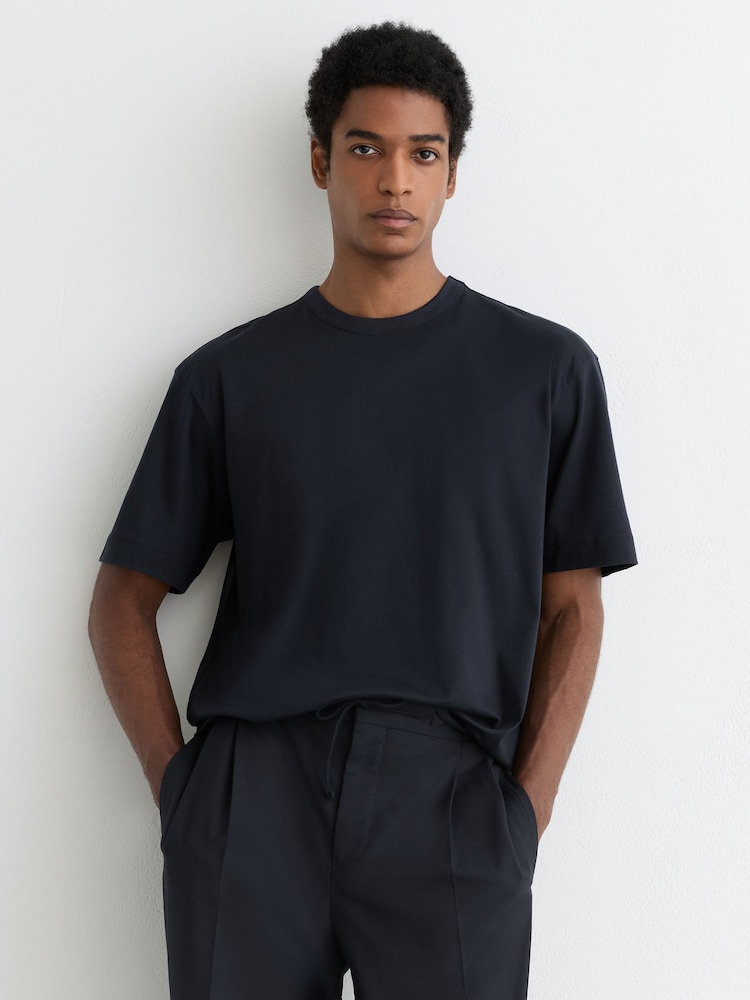 Reiss Navy Blaikie Airwater-Cotton Relaxed-Fit T-Shirt - Image 1 of 6