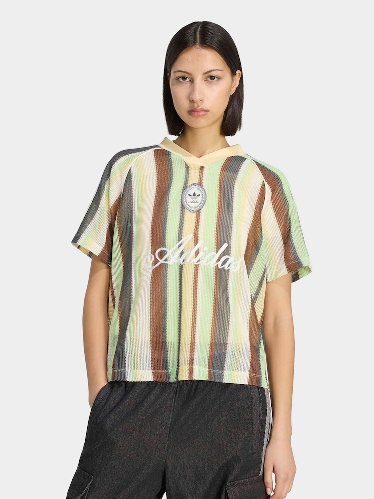 adidas originals Green adidas Originals Stripe Crochet Knit Football Inspired T-Shirt - Image 1 of 5