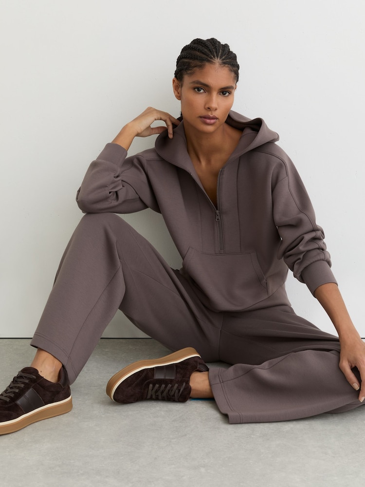 Reiss Taupe Brown Lockie Premium Interlock Half-Zip Hoodie - Image 1 of 8 Reiss Taupe Brown Lockie Premium Interlock Half-Zip Hoodie - Image 1 of 8